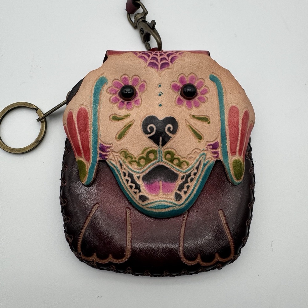 Dia De Los Muertos Dog Tooled Leather Coin Purse Wristlet - Picture 2 of 6